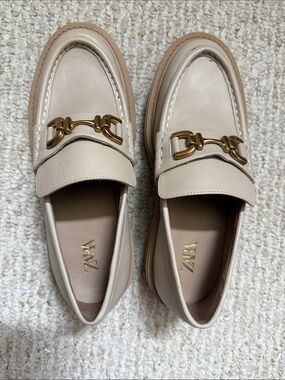 ZARA Beige Leather Loafers with Gold Horsebit